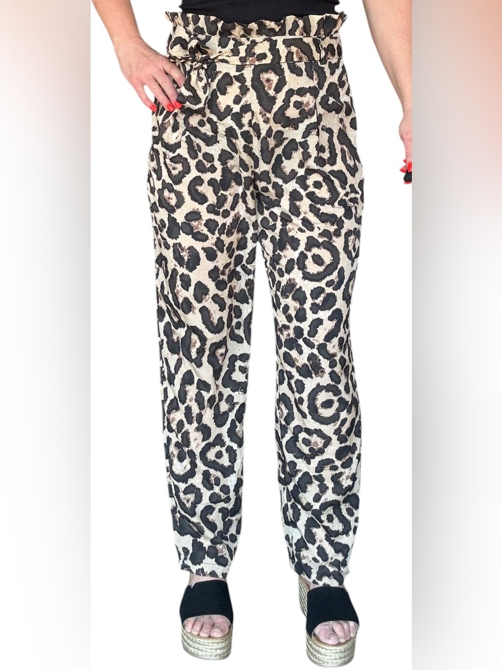 NWOT leopard paper bag waist self belted pants